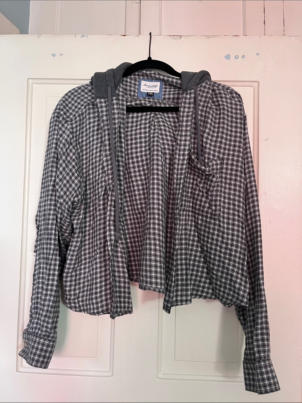 American Eagle Gray and White Plaid Hooded Shirt Jacket